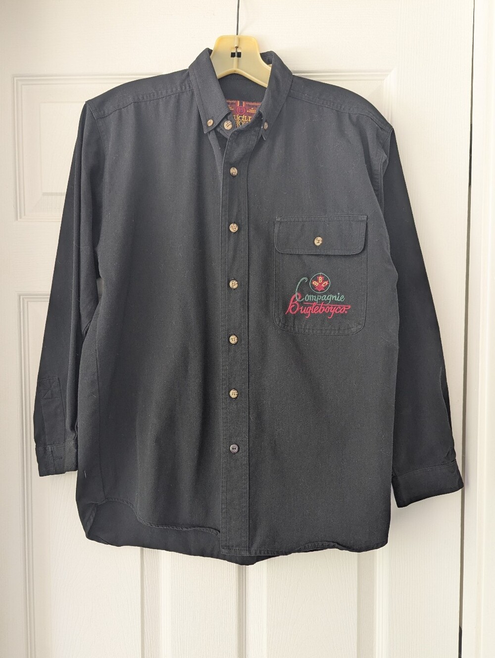 Vintage Bugle Boy Black Button-Up Shirt with Embroidered Pocket Logo